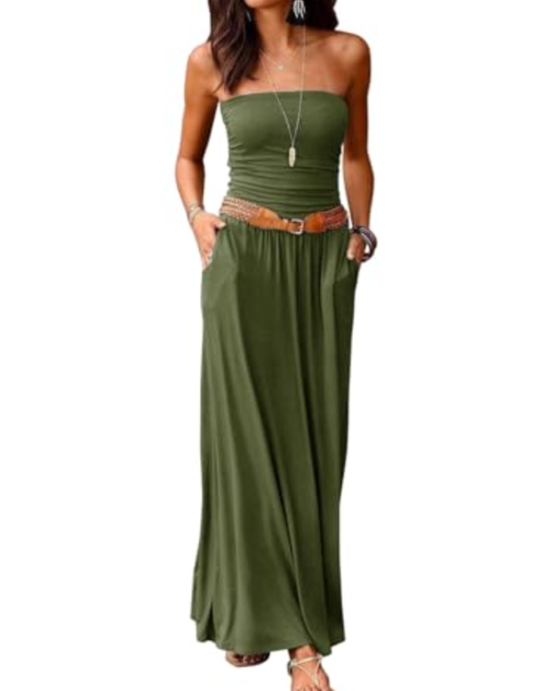 Eliana Robe longue pour femme – Modèle bandeau, épaules dénudées, poches et style bohème