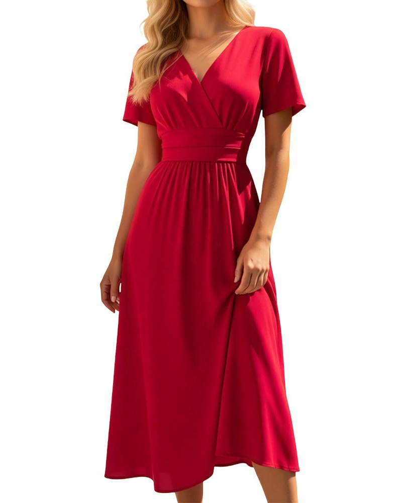Lillian Damen Midi-Kleid – V-Ausschnitt, hohe Taille, A-Linie & leichter Stoff