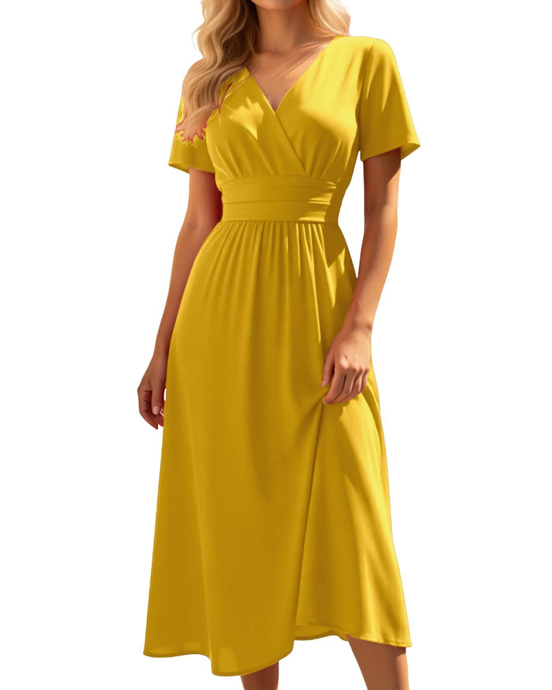 Lillian Damen Midi-Kleid – V-Ausschnitt, hohe Taille, A-Linie & leichter Stoff