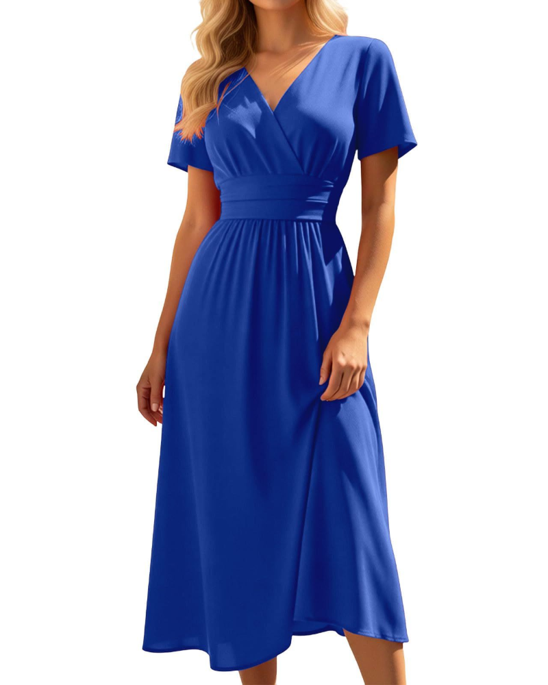 Lillian Damen Midi-Kleid – V-Ausschnitt, hohe Taille, A-Linie & leichter Stoff