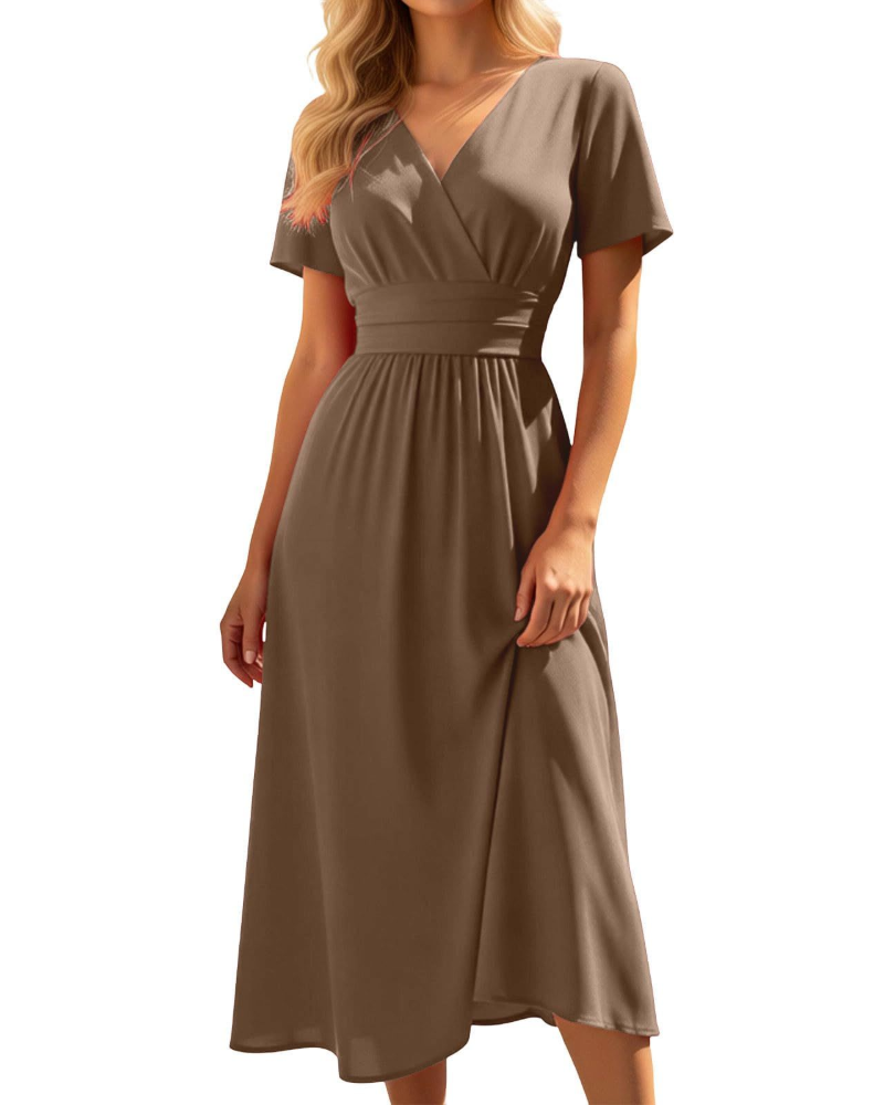 Lillian Damen Midi-Kleid – V-Ausschnitt, hohe Taille, A-Linie & leichter Stoff