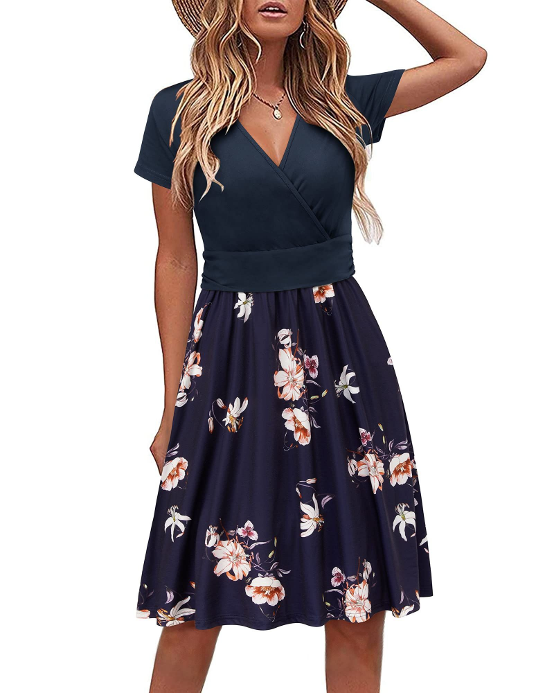 Elena Damen Midi-Kleid – V-Ausschnitt, kurze Ärmel, Empire-Taille & Taschen