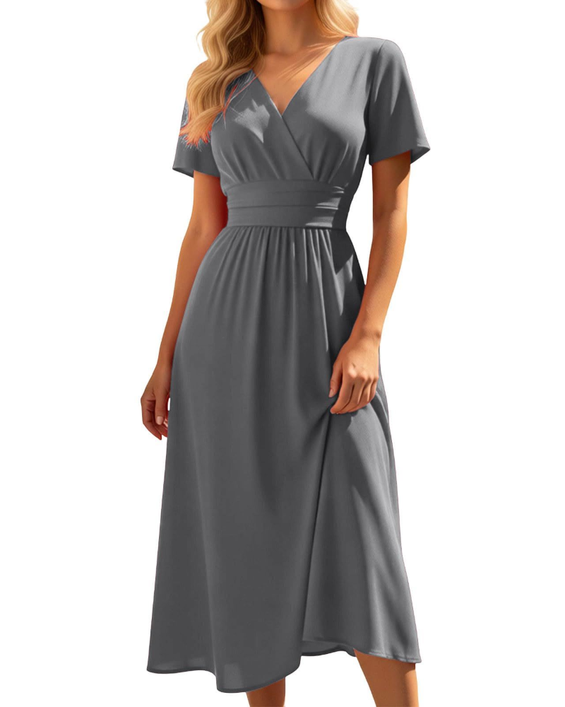 Lillian Damen Midi-Kleid – V-Ausschnitt, hohe Taille, A-Linie & leichter Stoff