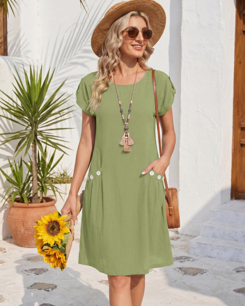 Juliette Damen Leinenkleid – Rundhalsausschnitt, kurze Ärmel, Taschen mit Knöpfen & A-Linie