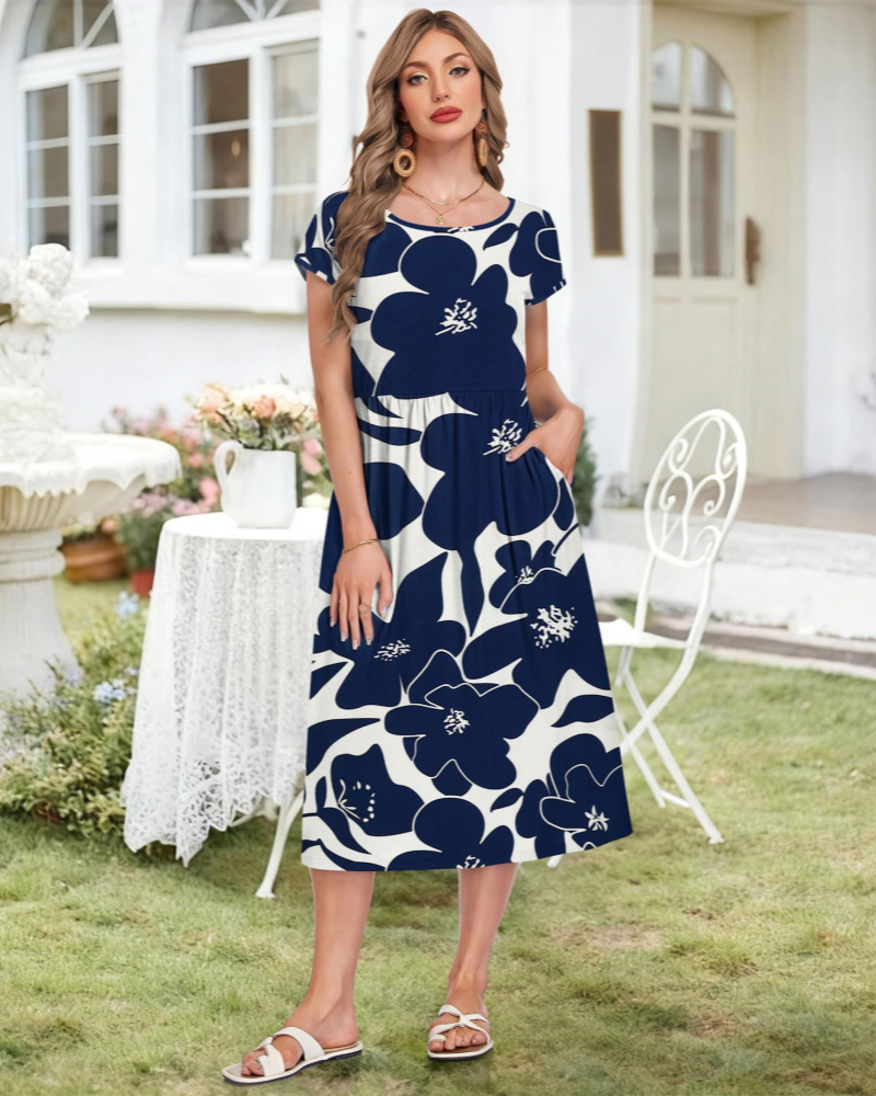 Audrey Damen Midi-Kleid – Rundhalsausschnitt, kurze Ärmel, Taschen & hohe Taille