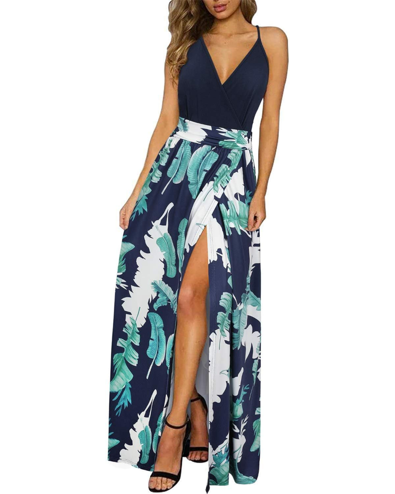 Arielle Damen Maxikleid – Blumenmuster, V-Ausschnitt, offener Rücken & Schlitze