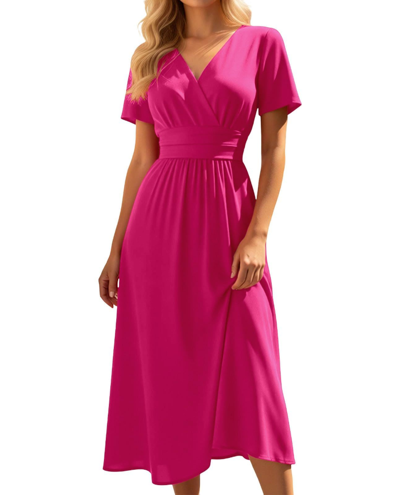 Lillian Damen Midi-Kleid – V-Ausschnitt, hohe Taille, A-Linie & leichter Stoff