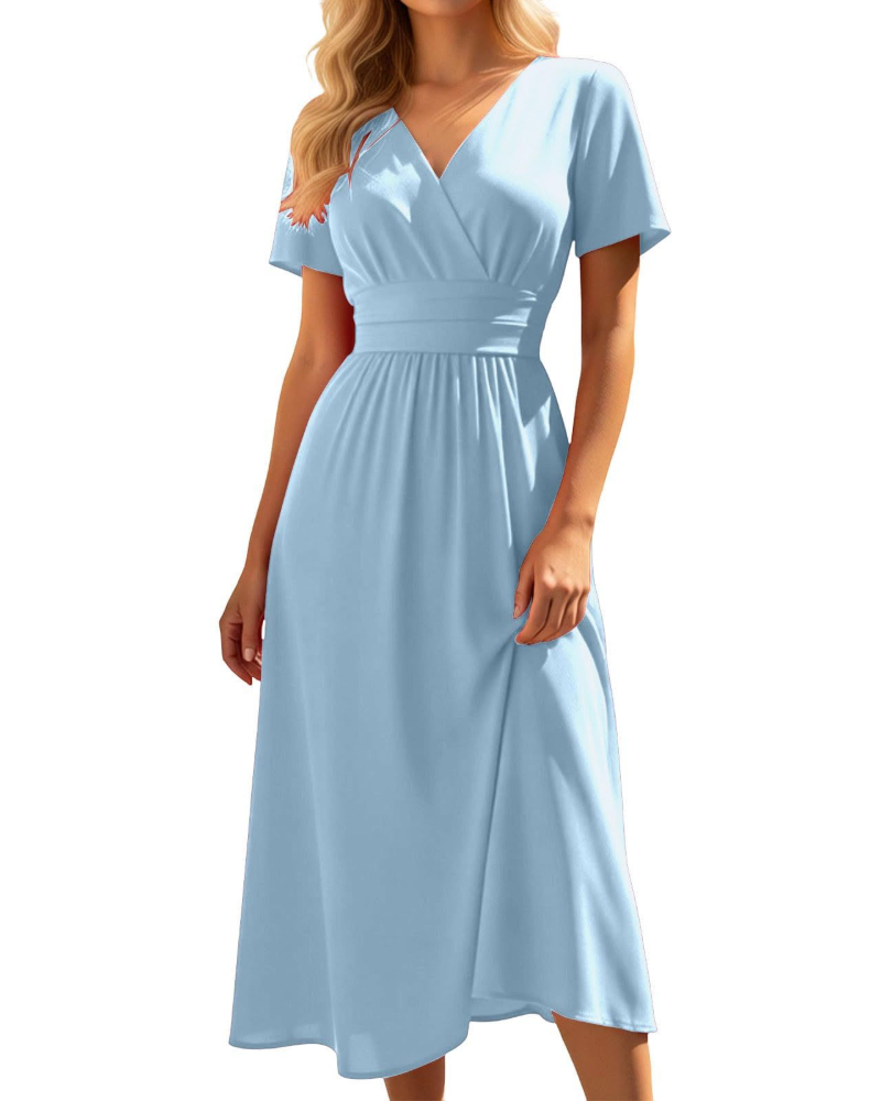 Lillian Damen Midi-Kleid – V-Ausschnitt, hohe Taille, A-Linie & leichter Stoff