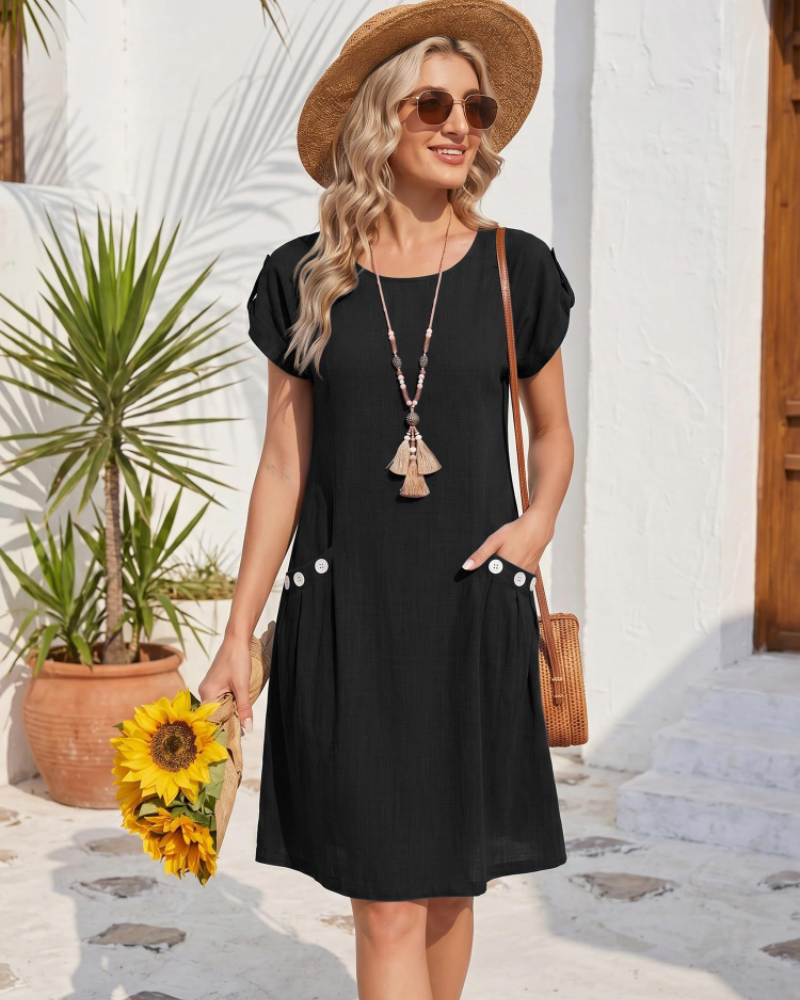 Juliette Damen Leinenkleid – Rundhalsausschnitt, kurze Ärmel, Taschen mit Knöpfen & A-Linie