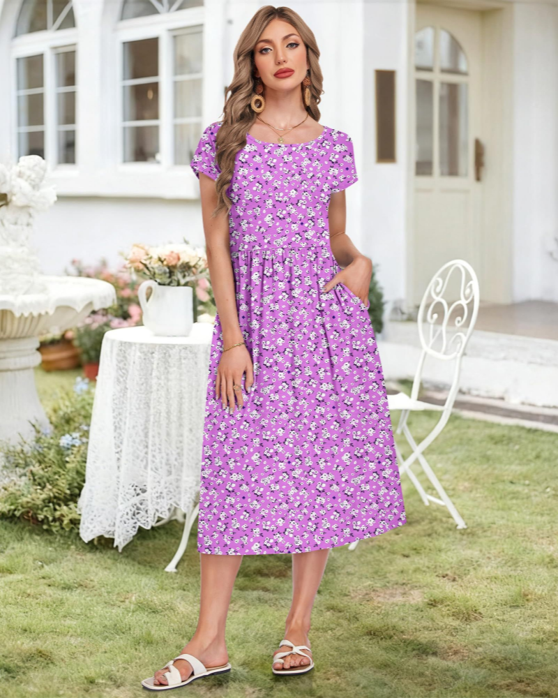 Audrey Damen Midi-Kleid – Rundhalsausschnitt, kurze Ärmel, Taschen & hohe Taille