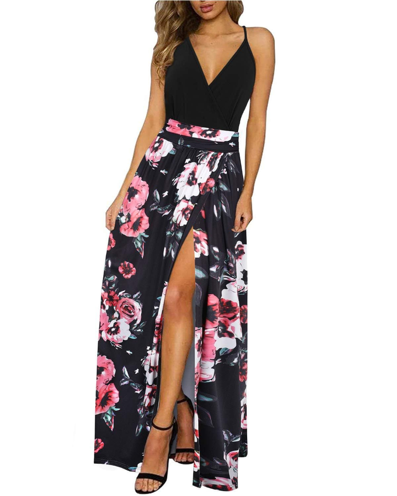 Arielle Damen Maxikleid – Blumenmuster, V-Ausschnitt, offener Rücken & Schlitze