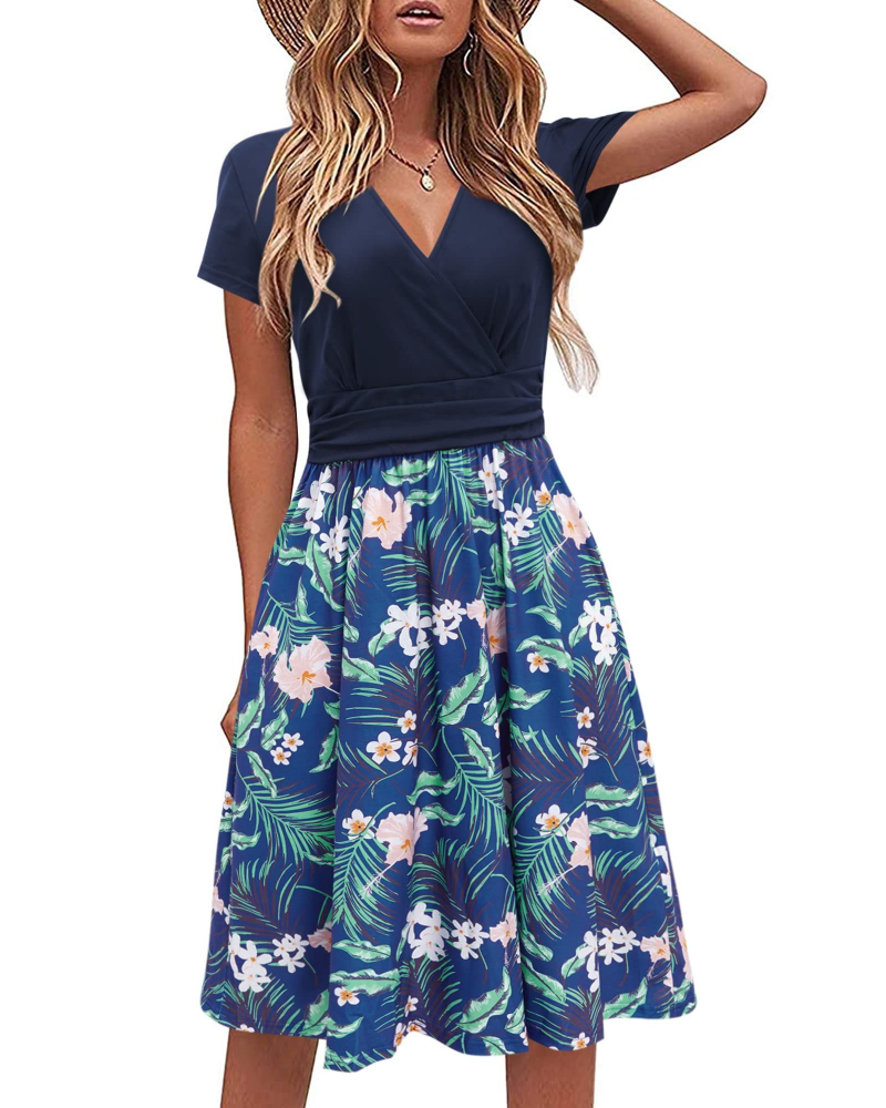 Elena Damen Midi-Kleid – V-Ausschnitt, kurze Ärmel, Empire-Taille & Taschen