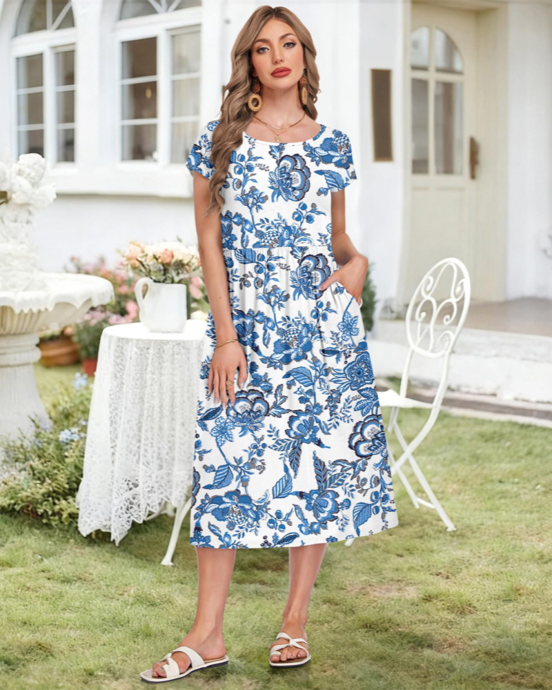 Audrey Damen Midi-Kleid – Rundhalsausschnitt, kurze Ärmel, Taschen & hohe Taille