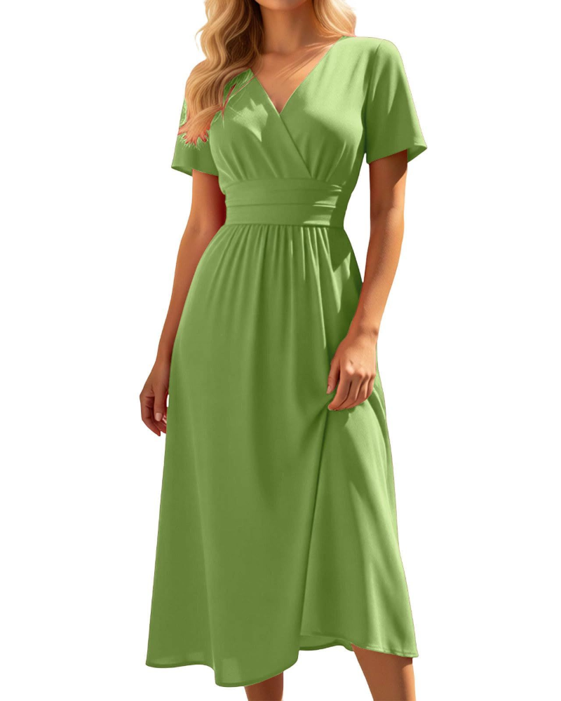 Lillian Damen Midi-Kleid – V-Ausschnitt, hohe Taille, A-Linie & leichter Stoff