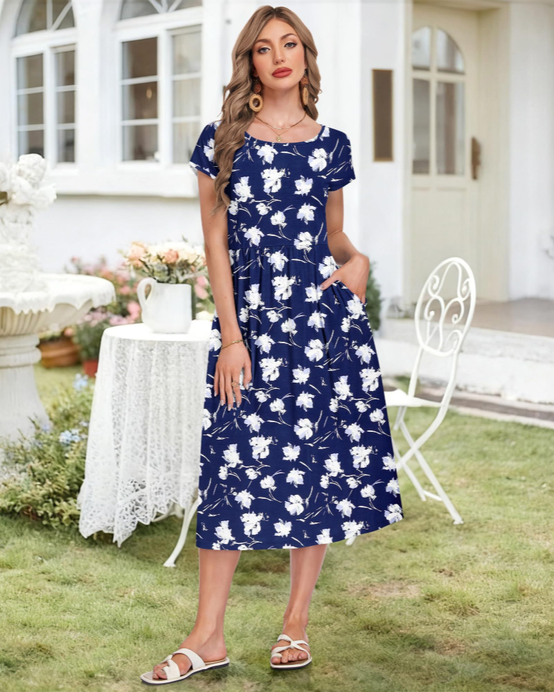 Audrey Damen Midi-Kleid – Rundhalsausschnitt, kurze Ärmel, Taschen & hohe Taille