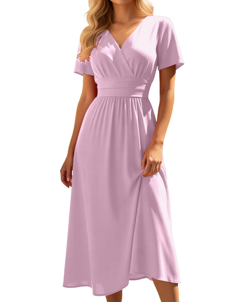 Lillian Damen Midi-Kleid – V-Ausschnitt, hohe Taille, A-Linie & leichter Stoff