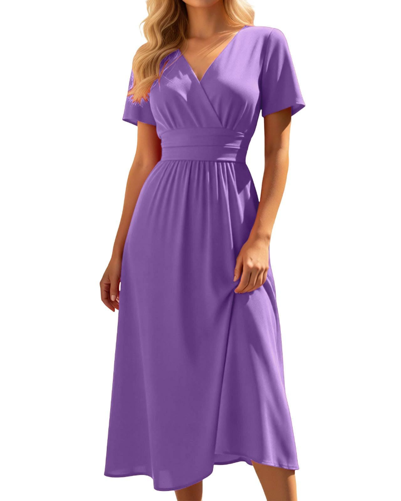 Lillian Damen Midi-Kleid – V-Ausschnitt, hohe Taille, A-Linie & leichter Stoff