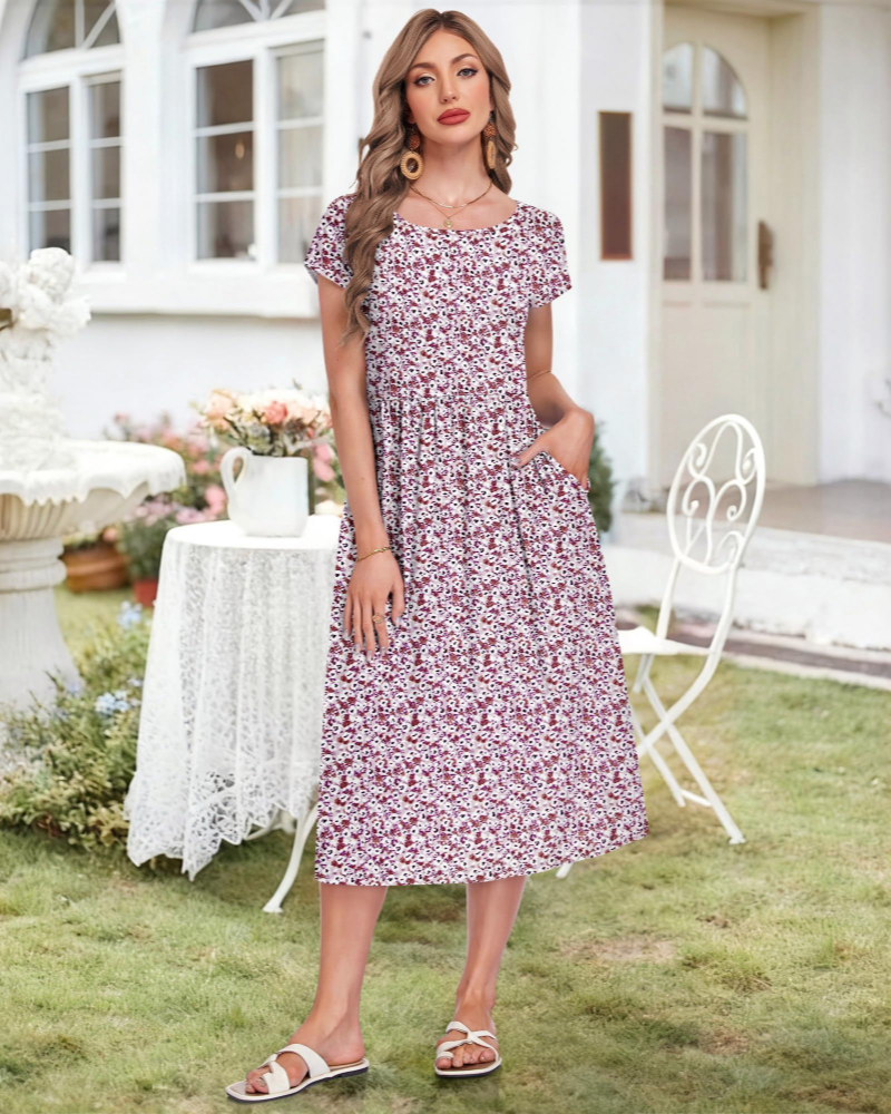 Audrey Damen Midi-Kleid – Rundhalsausschnitt, kurze Ärmel, Taschen & hohe Taille