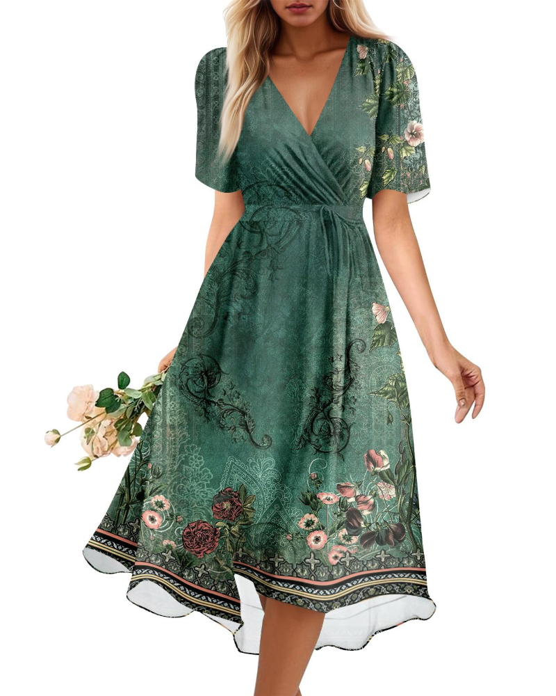 Melody Abito Midi Donna – Vestito Floreale con Scollo a V e Vita Elasticizzata