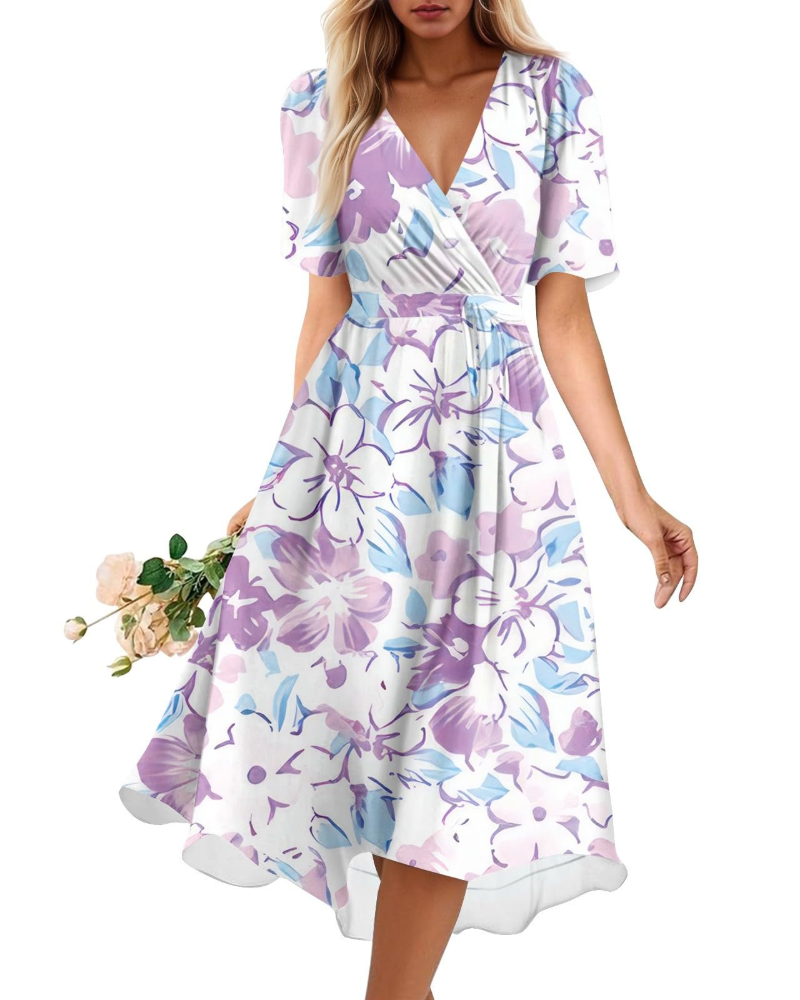 Melody Abito Midi Donna – Vestito Floreale con Scollo a V e Vita Elasticizzata
