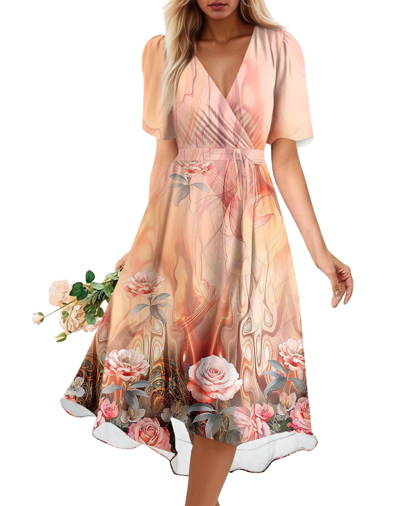 Melody Abito Midi Donna – Vestito Floreale con Scollo a V e Vita Elasticizzata