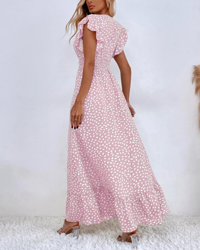Rochie Sienna pentru femei – Rochie maxi florală cu mâneci petală, volane și talie înaltă