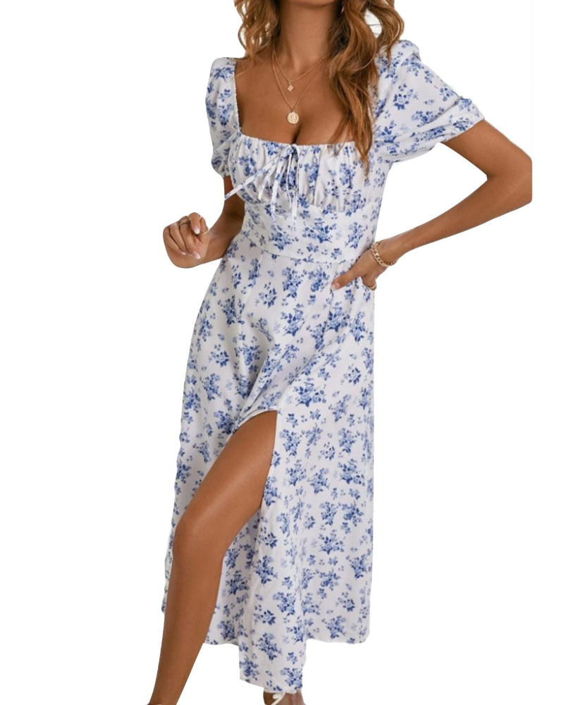 Delilah Φόρεμα Maxi Γυναικείο – Boho Φλοράλ Φόρεμα με Τετράγωνο Ντεκολτέ και Κοντά Μανίκια