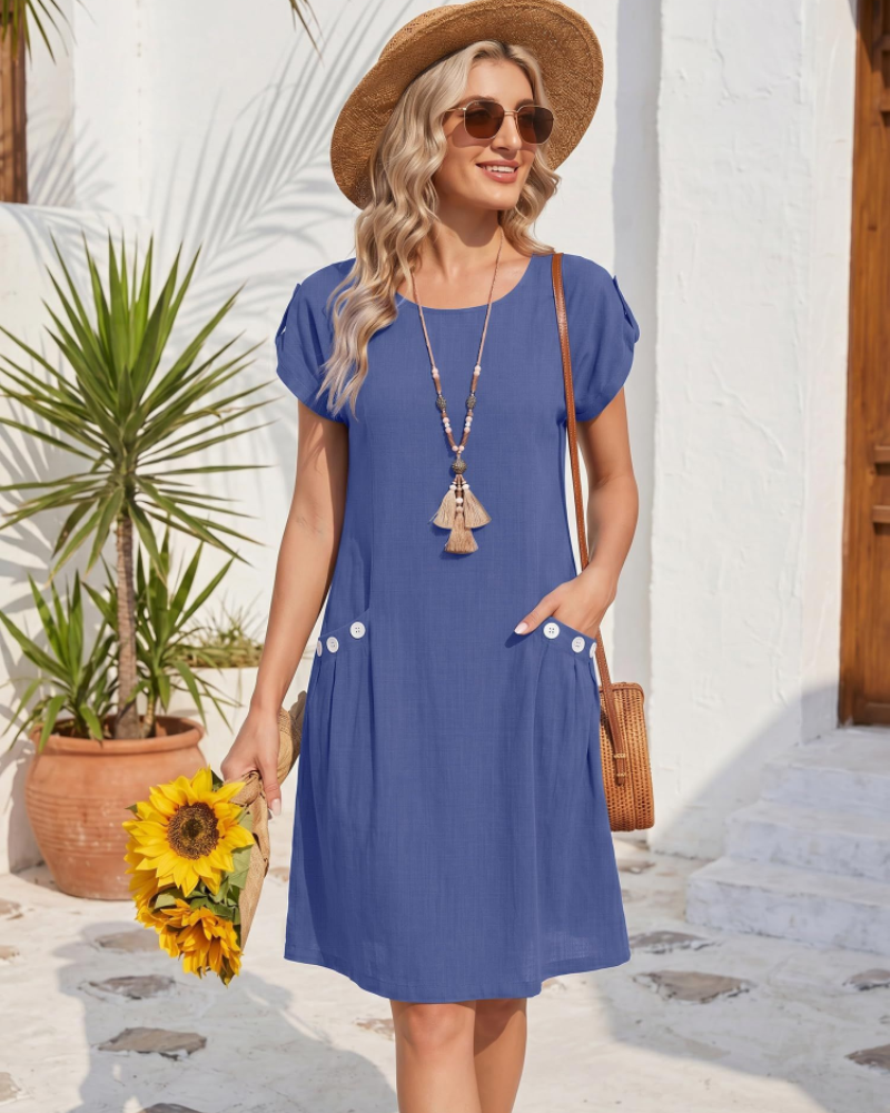 Robe Juliette pour femme en lin – col rond, manches courtes, poches à boutons et coupe évasée