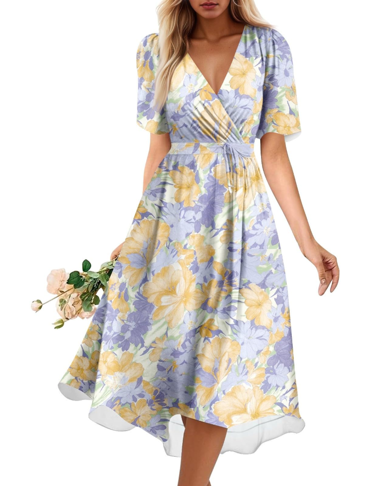 Melody Abito Midi Donna – Vestito Floreale con Scollo a V e Vita Elasticizzata