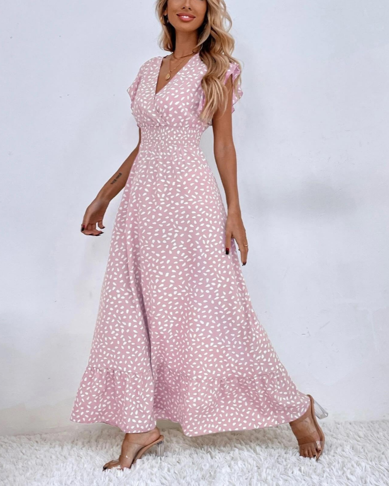 Rochie Sienna pentru femei – Rochie maxi florală cu mâneci petală, volane și talie înaltă