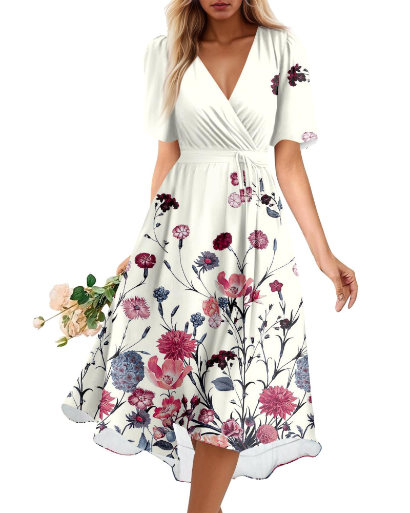 Melody Abito Midi Donna – Vestito Floreale con Scollo a V e Vita Elasticizzata