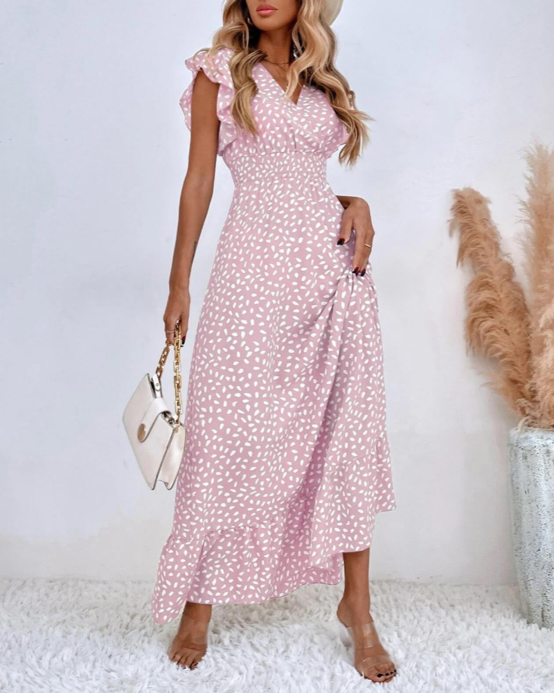 Rochie Sienna pentru femei – Rochie maxi florală cu mâneci petală, volane și talie înaltă