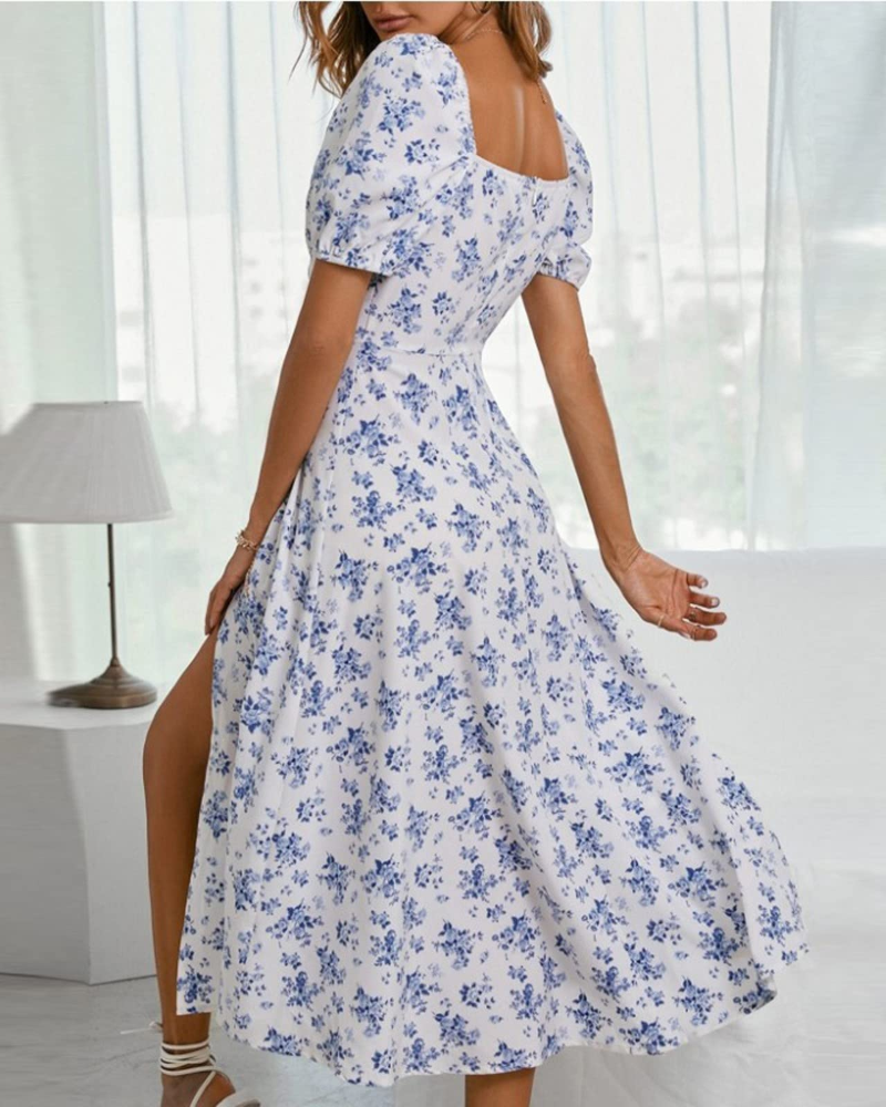 Delilah Φόρεμα Maxi Γυναικείο – Boho Φλοράλ Φόρεμα με Τετράγωνο Ντεκολτέ και Κοντά Μανίκια