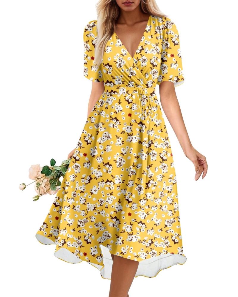 Melody Abito Midi Donna – Vestito Floreale con Scollo a V e Vita Elasticizzata
