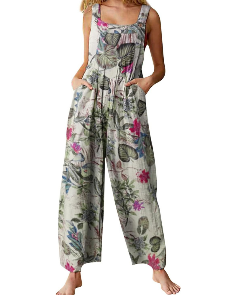 Amelia Salopette Donna – Jumpsuit Boho in Cotone Lino, Vestibilità Ampia e Stampa Floreale