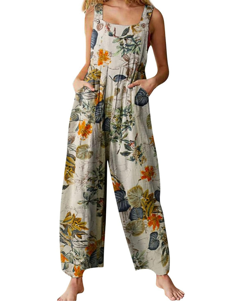 Amelia Salopette Donna – Jumpsuit Boho in Cotone Lino, Vestibilità Ampia e Stampa Floreale