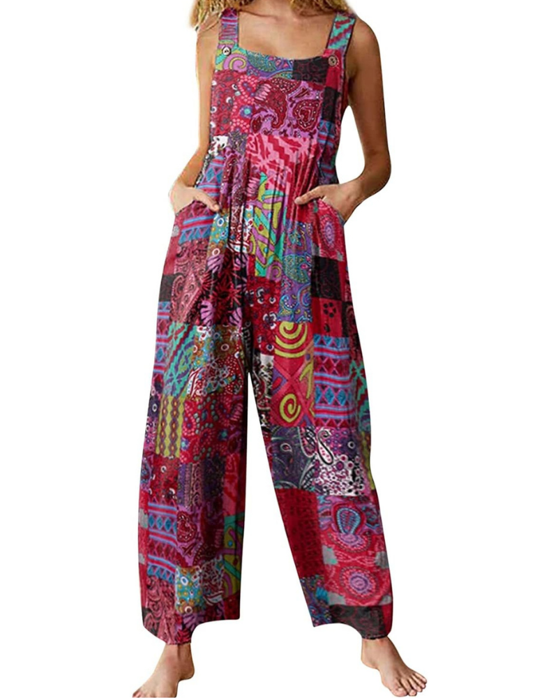 Amelia Salopette Donna – Jumpsuit Boho in Cotone Lino, Vestibilità Ampia e Stampa Floreale