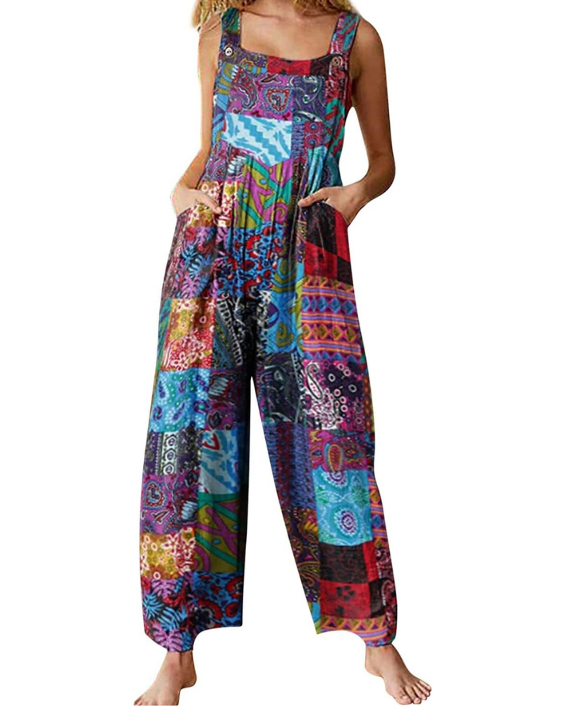 Amelia Salopette Donna – Jumpsuit Boho in Cotone Lino, Vestibilità Ampia e Stampa Floreale