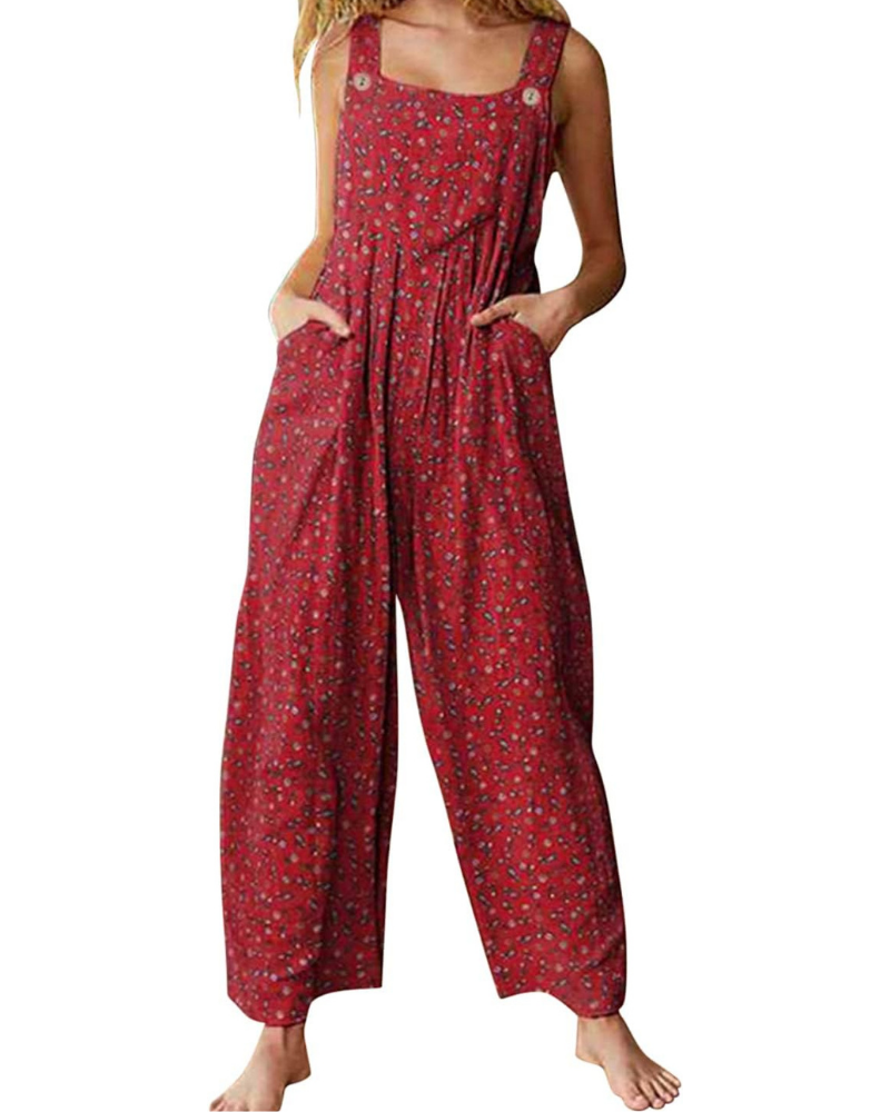 Amelia Salopette Donna – Jumpsuit Boho in Cotone Lino, Vestibilità Ampia e Stampa Floreale