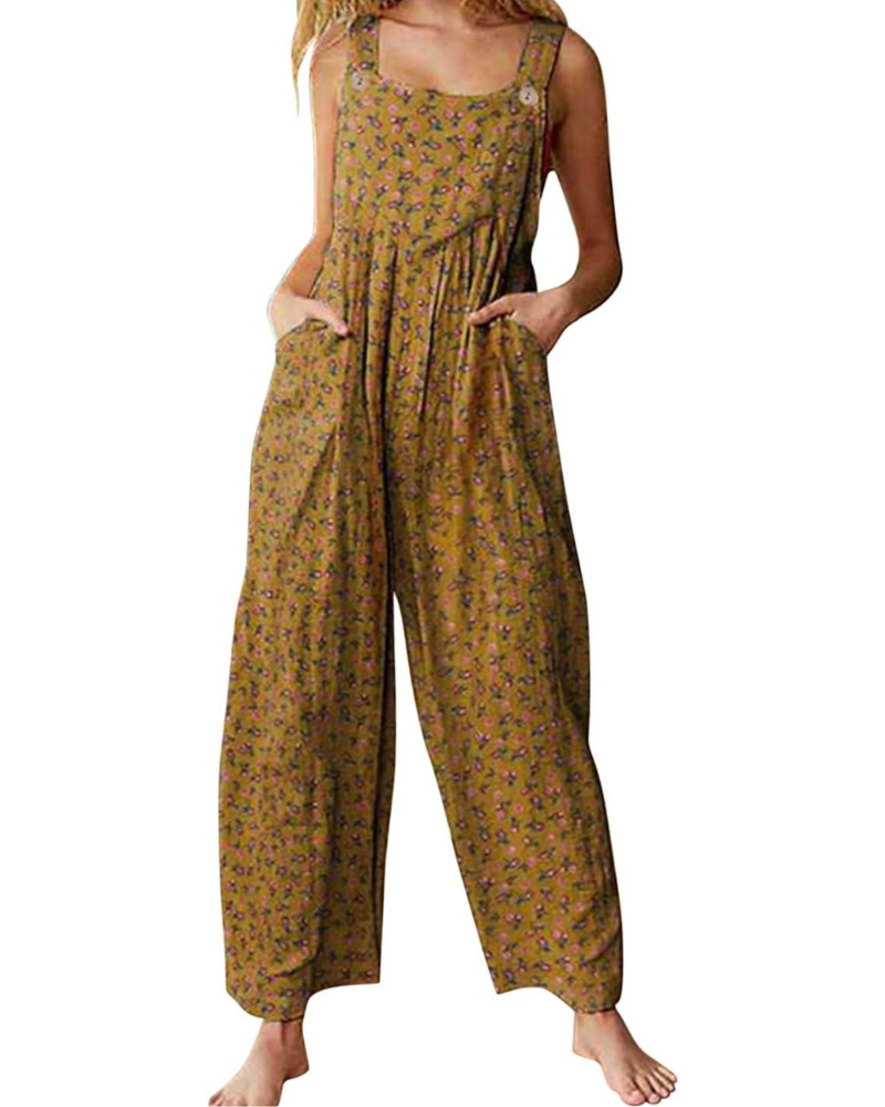 Amelia Salopette Donna – Jumpsuit Boho in Cotone Lino, Vestibilità Ampia e Stampa Floreale
