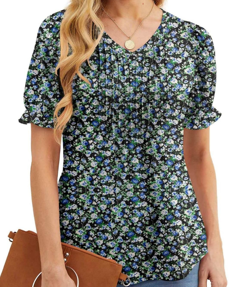 Verity Blouse Femme – Top Floral avec Col en V, Plis et Manches Volantées