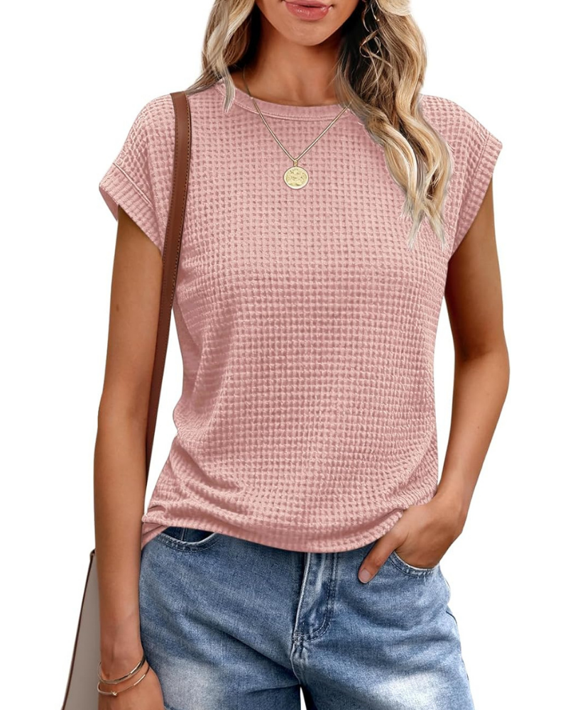 T-shirt Ophelia Femme – Haut en maille gaufrée avec col rond et manches à volant