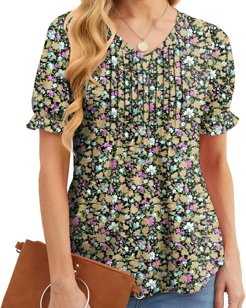 Verity Blouse Femme – Top Floral avec Col en V, Plis et Manches Volantées