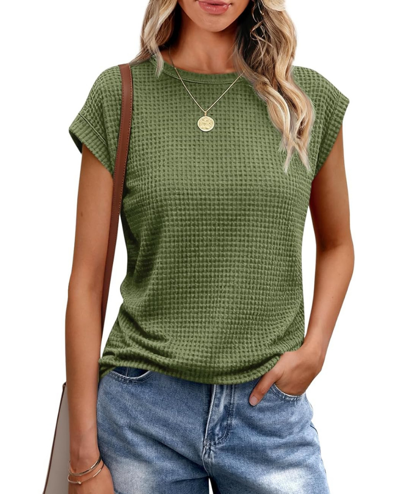T-shirt Ophelia Femme – Haut en maille gaufrée avec col rond et manches à volant