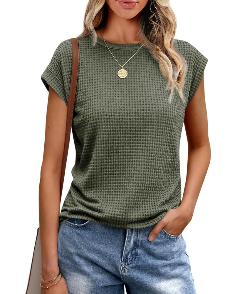 T-shirt Ophelia Femme – Haut en maille gaufrée avec col rond et manches à volant