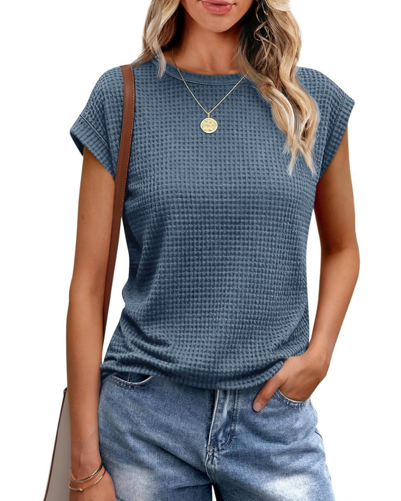 T-shirt Ophelia Femme – Haut en maille gaufrée avec col rond et manches à volant