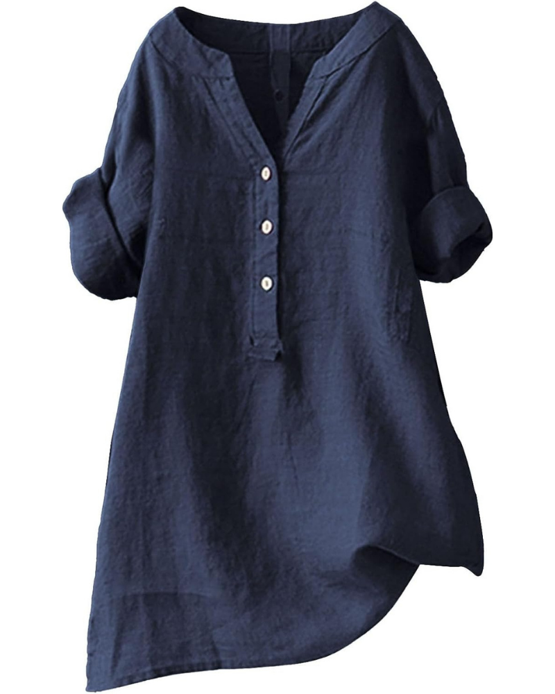 Blouse Beatrix pour femme – Tunique en coton et lin avec col en V et manches 3/4