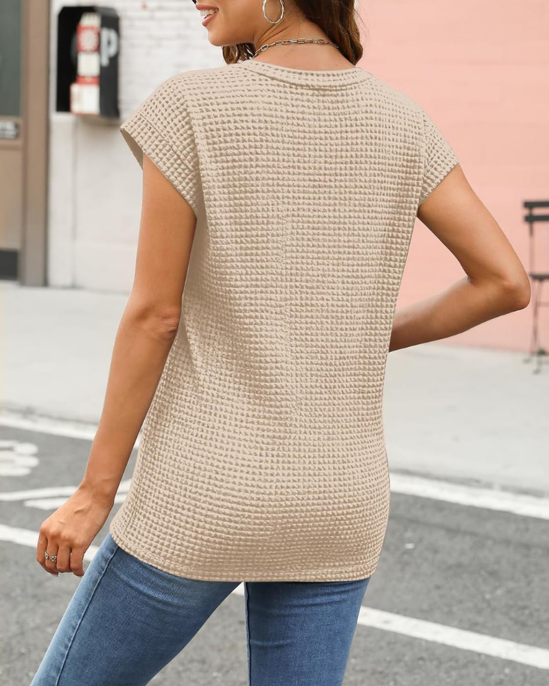 Ophelia T-Shirt Donna – Top in Maglia Waffle con Girocollo e Maniche ad Aletta