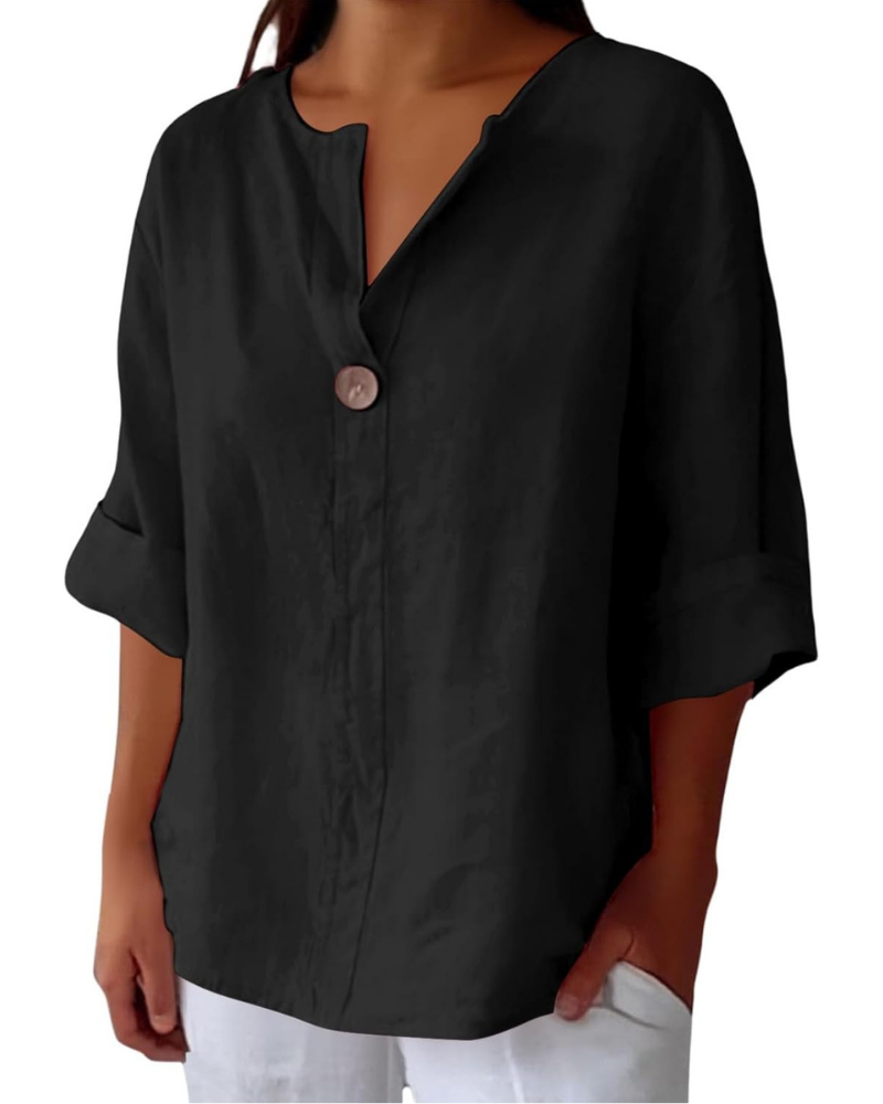 Briar Chemise Femme – Tunique en Lin et Coton avec Col en V et Manches 3/4