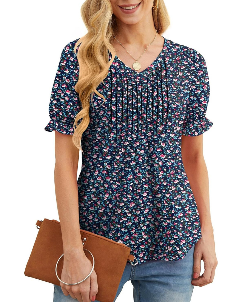 Verity Blouse Femme – Top Floral avec Col en V, Plis et Manches Volantées
